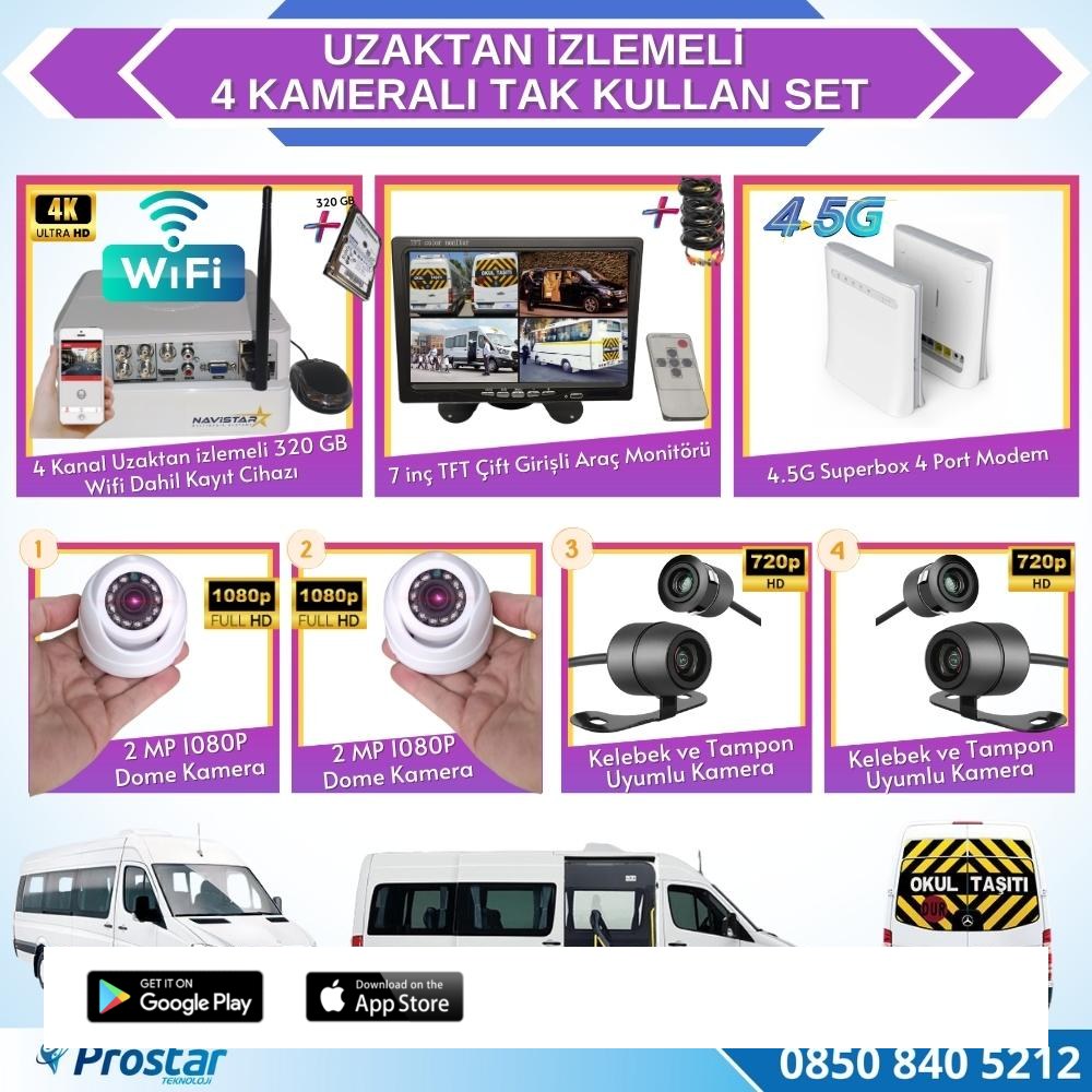 Uzaktan izlemeli 4 Kameralı Wifi 4G 320 Gb Harddisk 7 Inç Ekranlı Araç Kamera Seti