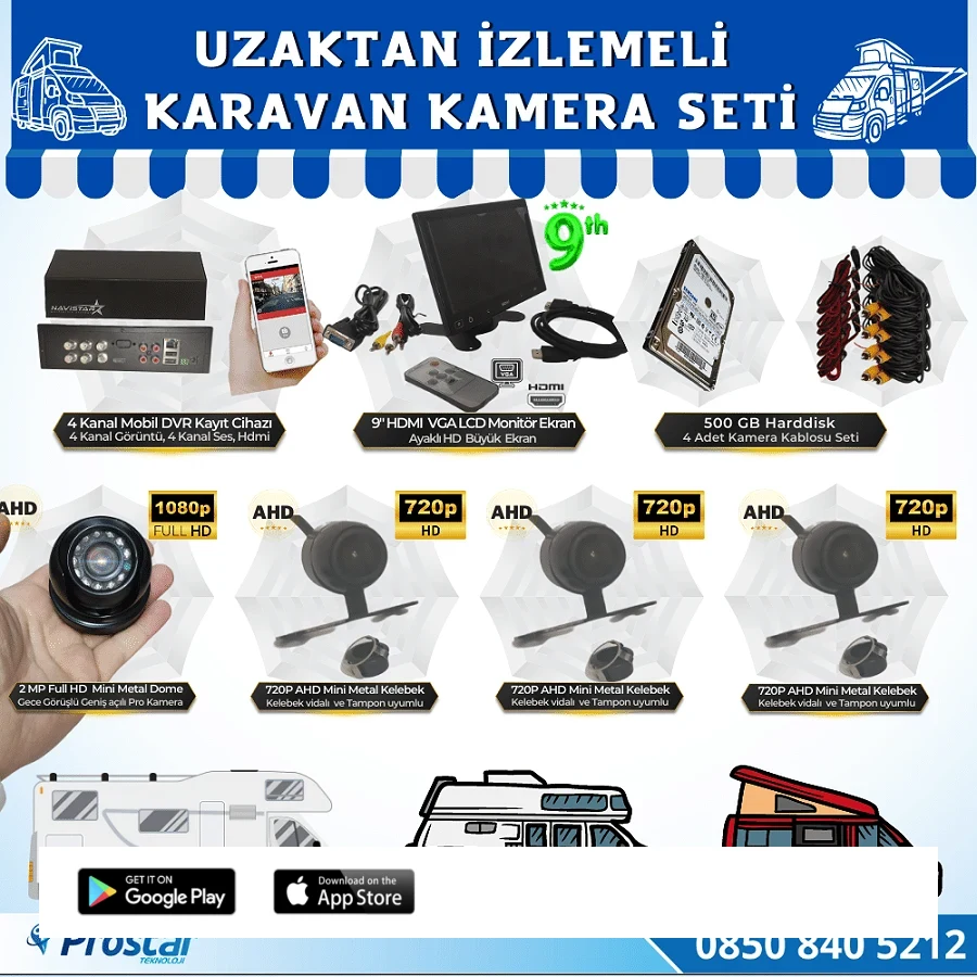 Uzaktan İzlemeli Karavan Kamera Seti 4 Kameralı 500 Gb Harddisk Dahil Kayıtlı 9 Inç Hdmi Ekranlı