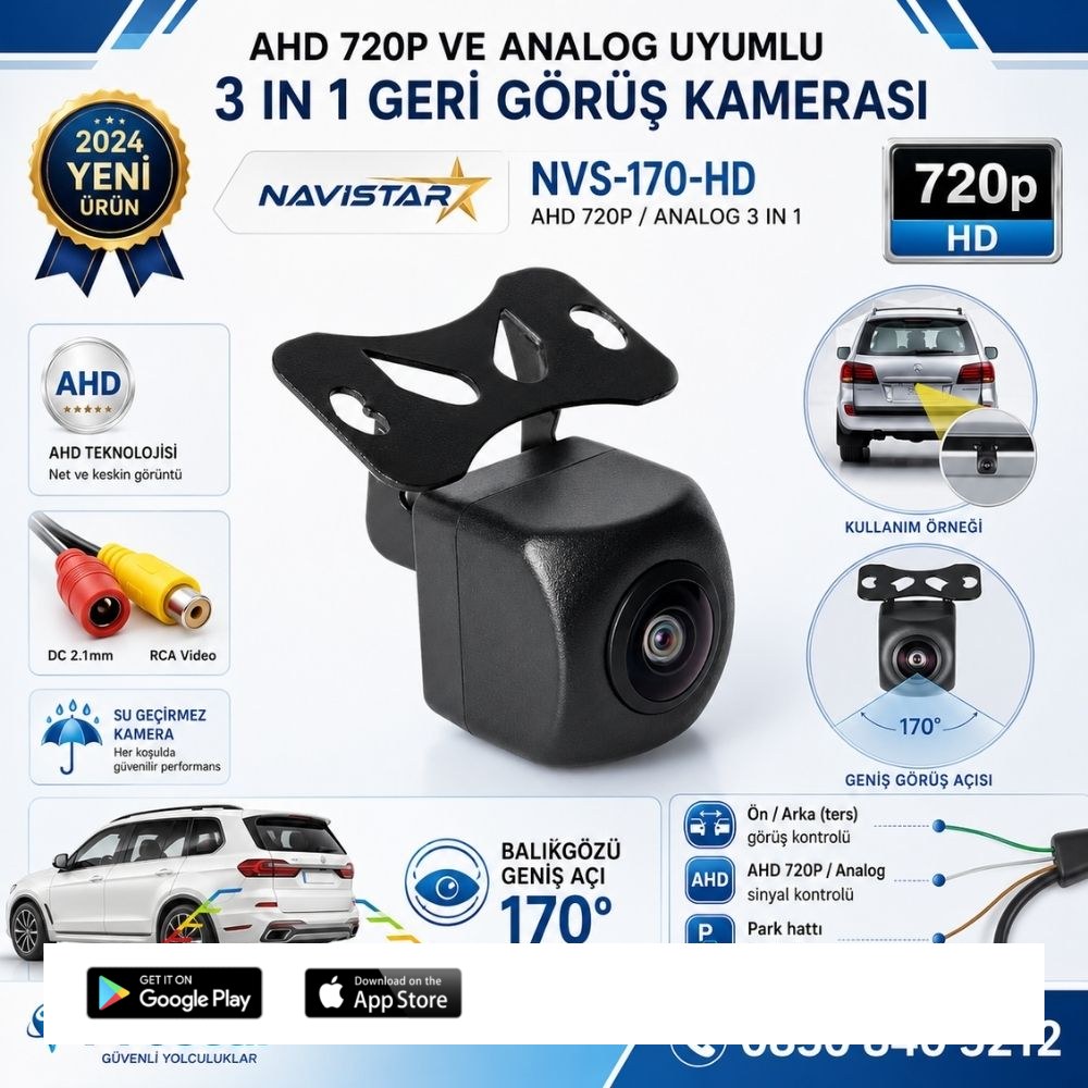 Balıkgözü AHD 720P ve Analog Çevirilebilir 170 Derece Geniş Açılı Geri Görüş Kamerası