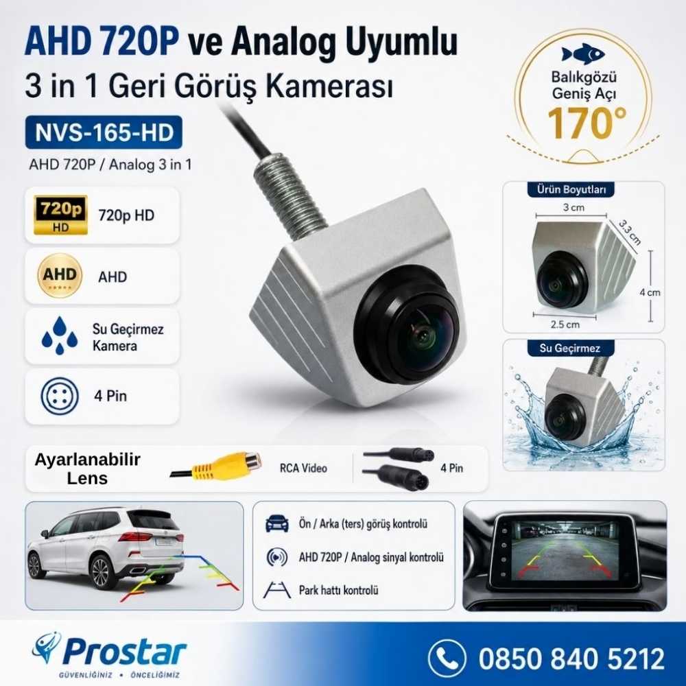 Ayarlanabilir Başlıklı AHD 720P ve Analog Çevrilebilir 170 Derece Geniş Açılı Geri Görüş Kamerası