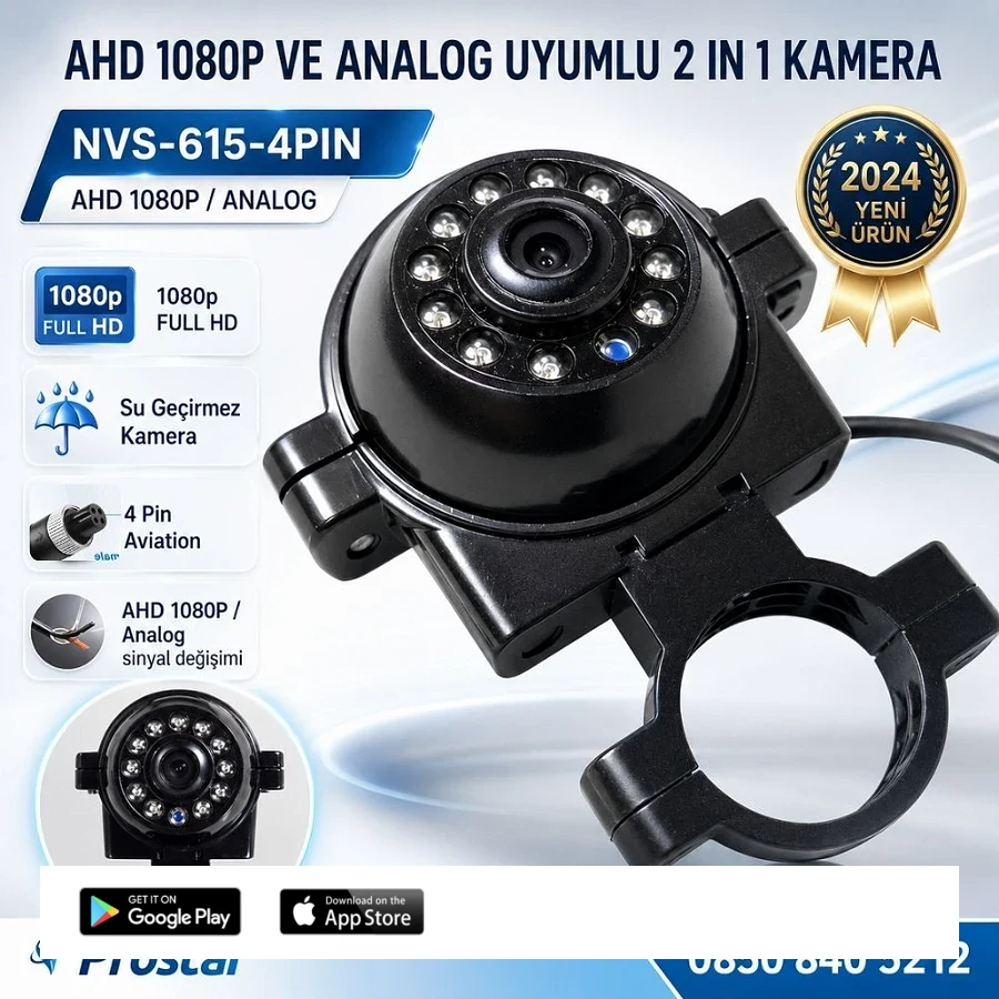 AHD 1080P ve Analog Pal Çevirilebilir 4 Pin Gece Görüşlü Araç Kamerası Metal Kelepçeli Yön Ayarlanabilir Full HD