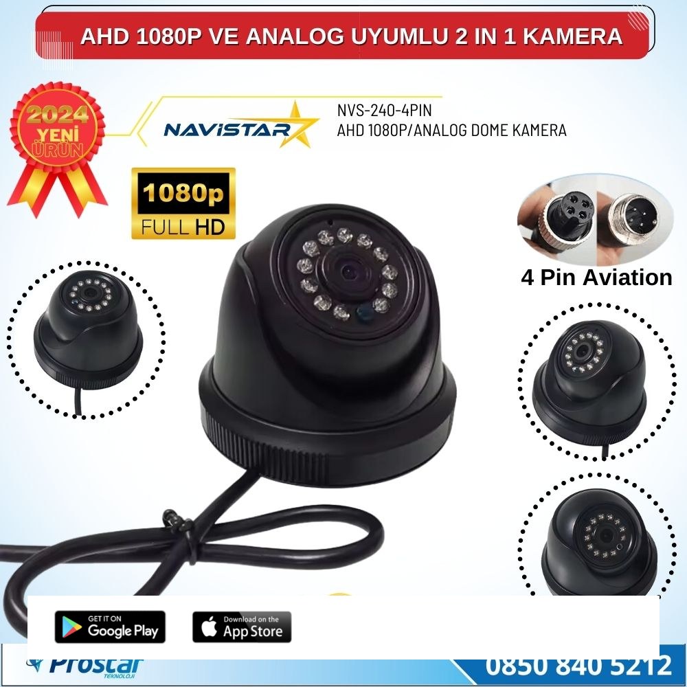 AHD 1080P ve Analog Pal Çevrilebilir 4 Pin Plastik Dome Araç Kamerası