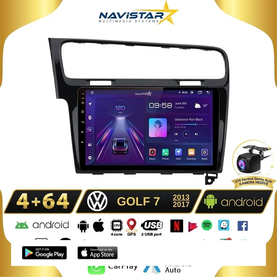 Vw Golf 7  Kablosuz Carplay 4GB + 64GB Android 13 Navigasyon Multimedya Sistemi