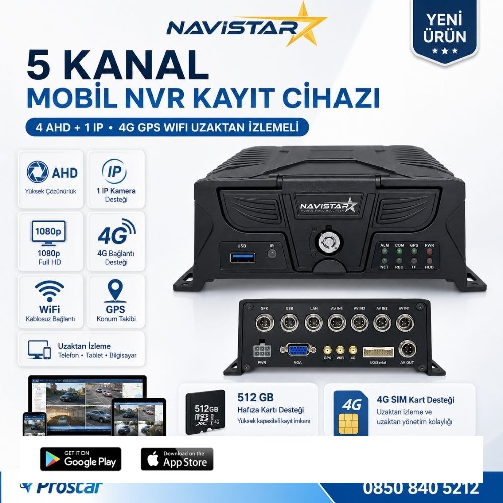 5 Kanal Mobil NVR Kayıt Cihazı 4 AHD + 1 IP Kamera 4G GPS WiFi 1080p Full HD Uzaktan İzleme Araç Güvenlik Sistemi