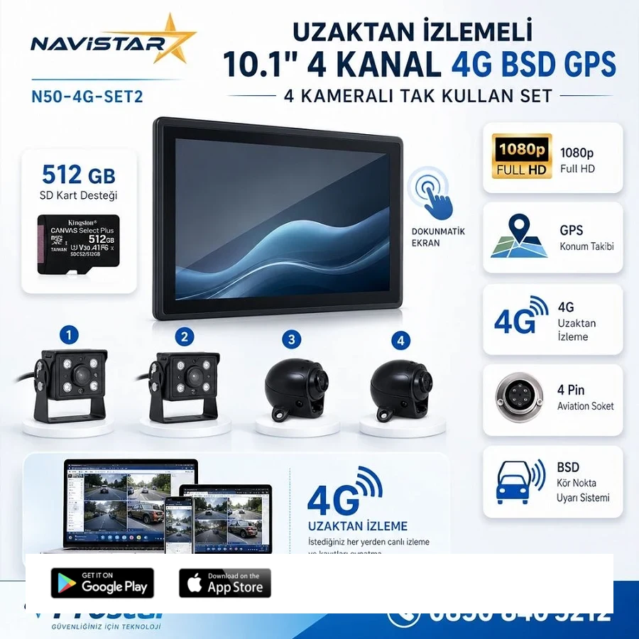 Uzaktan izlemeli 10 inç 4 Kanal 4G GPS BSD Kör Nokta Uyarı Sistemli IR Led Kameralı Profesyonel Araç Kamera Seti
