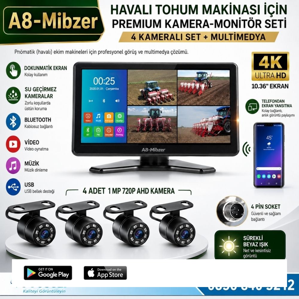 Mibzer için 10.36" Dokunmatik Ekranlı 4 Kameralı AHD 720P Beyaz Işık Kameralı Havalı Kamera Seti