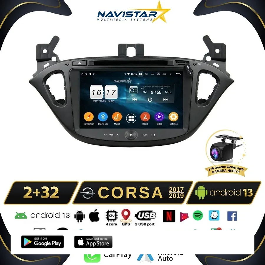 Opel Corsa 2017-2019 Model 2+64GB Android 13 Kablosuz Carplay Navigasyon Multimedya Sistemi