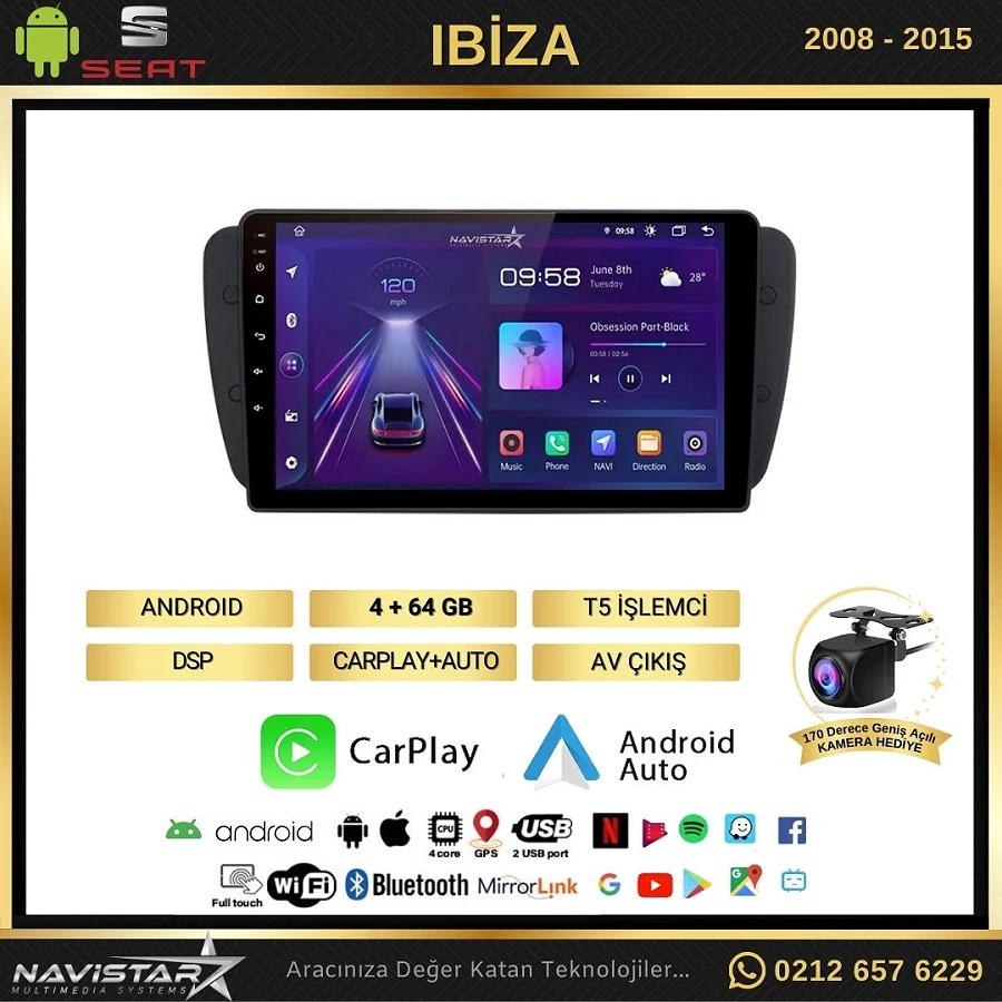 Seat Ibiza 4GB + 64GB 2008-2015 Model Android 13 Kablosuz Carplay Navigasyon Multimedya Sistemi