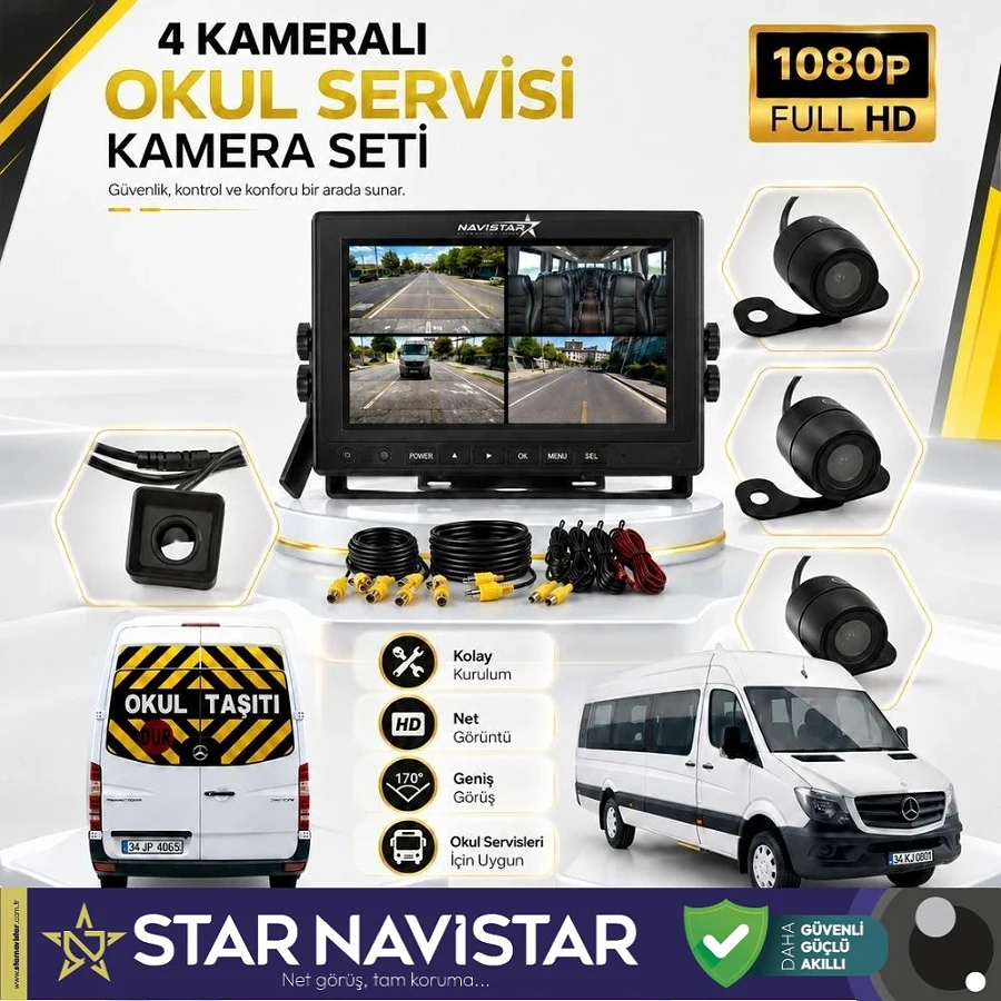 Kayıtlı Okul Ve Servis Taşıtları 4 Lü Kamera 7 Inç Monitör Full Set 256 Gb Sd Kart Desteği