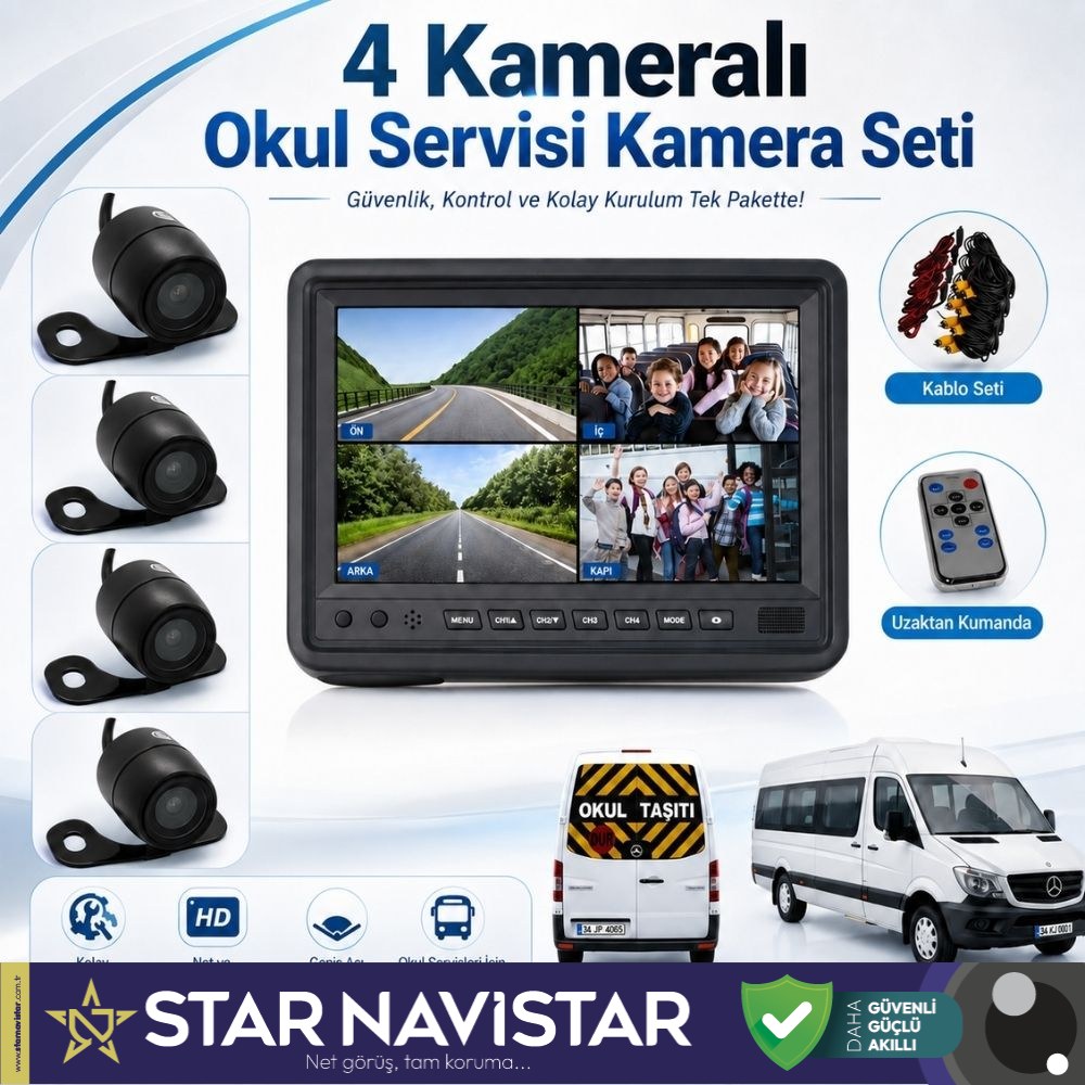 Okul ve Servis Taşıtları Dört Kameralı 7" Ekranlı 4 Kamera Dahil Full Set