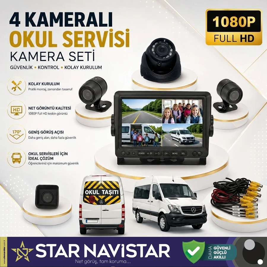 Kayıtlı Servis Okul Taşıtları 4 Lü Kamera 7 Inç Monitör Full Set 256 Gb Sd Kart Desteği + 1 Dome Kamera