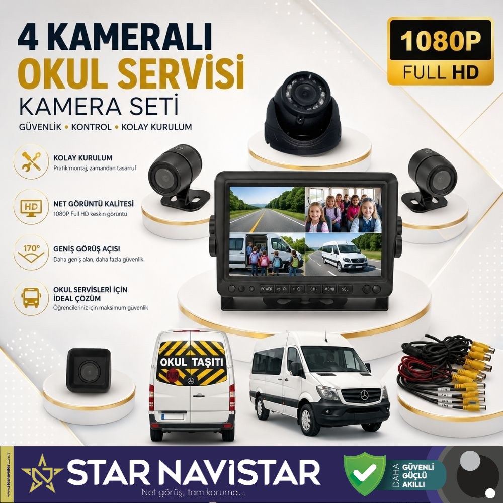 Kayıtlı Servis Okul Taşıtları 4 Lü Kamera 7 Inç Monitör Full Set 256 Gb Sd Kart Desteği + 1 Dome Kamera