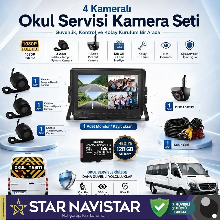 Kayıtlı Okul Ve Servis Araçları 4 Lü Kamera 7 inç Monitör Full Set + 128 Gb Sd Kart Dahil