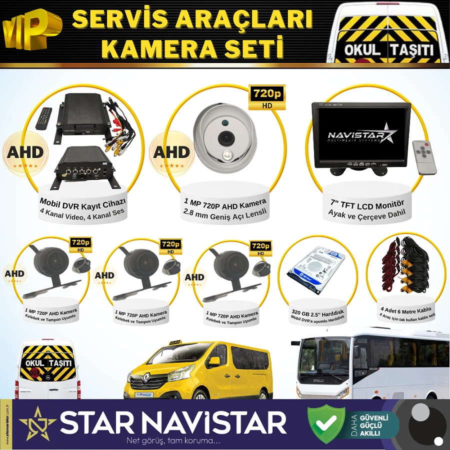 Okul Servis Kamera Seti 4 Kameralı 7" Monitör 4 Kameralı 320 Gb Harddisk Dahil
