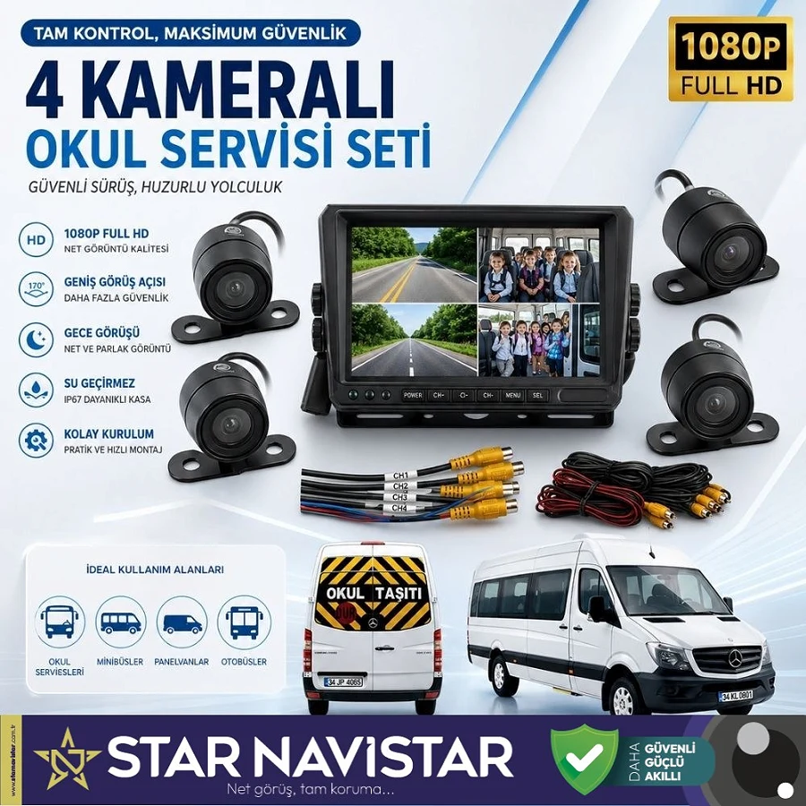 Kayıtlı 4 Kamera Dahil 7 inç Monitörlü Araç Kamera Seti 256 GB Sd Kart Desteği