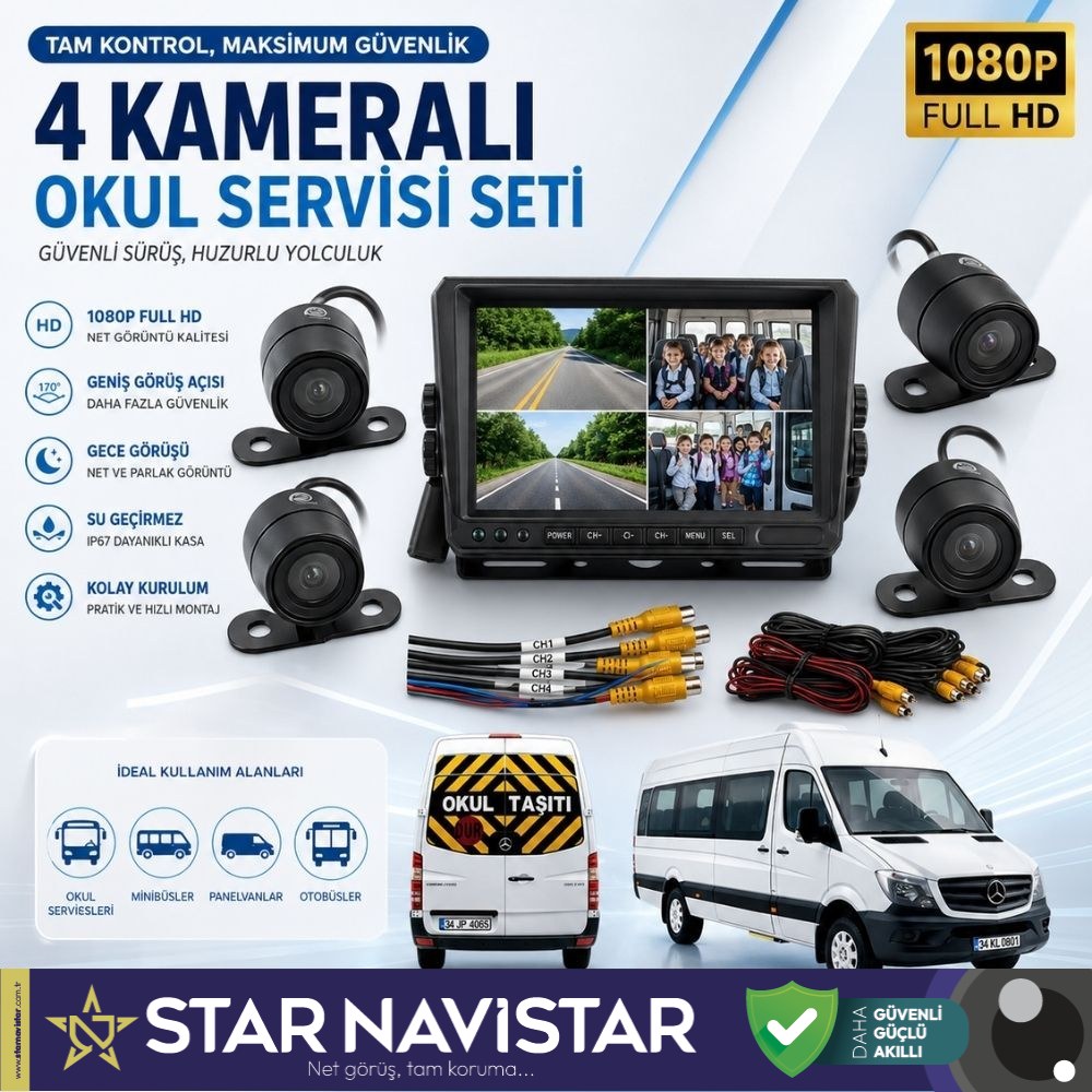 Kayıtlı 4 Kamera Dahil 7 inç Monitörlü Araç Kamera Seti 256 GB Sd Kart Desteği