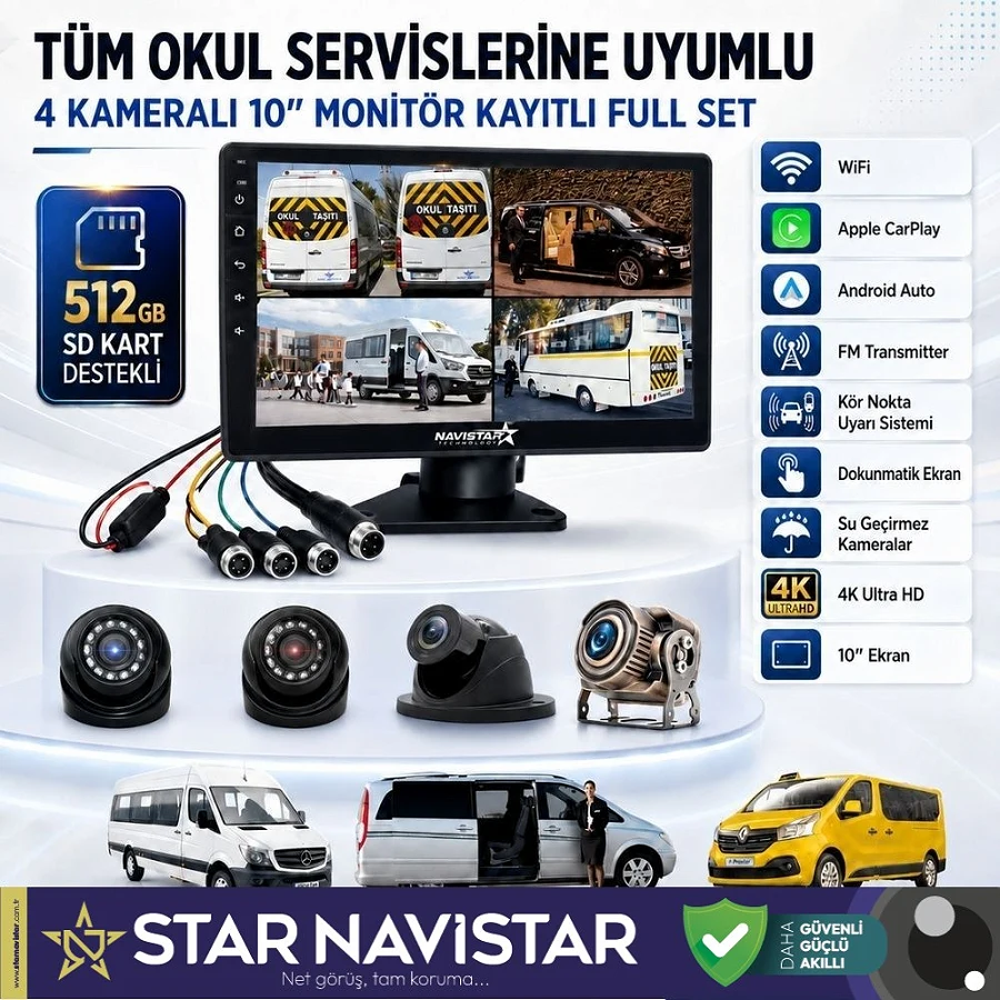 Kayıtlı Servis Okul Kamera Seti 4 Kameralı 10 Inç Dokunmatik Ekranlı 256 Gb Sd Destekli Tak Kullan