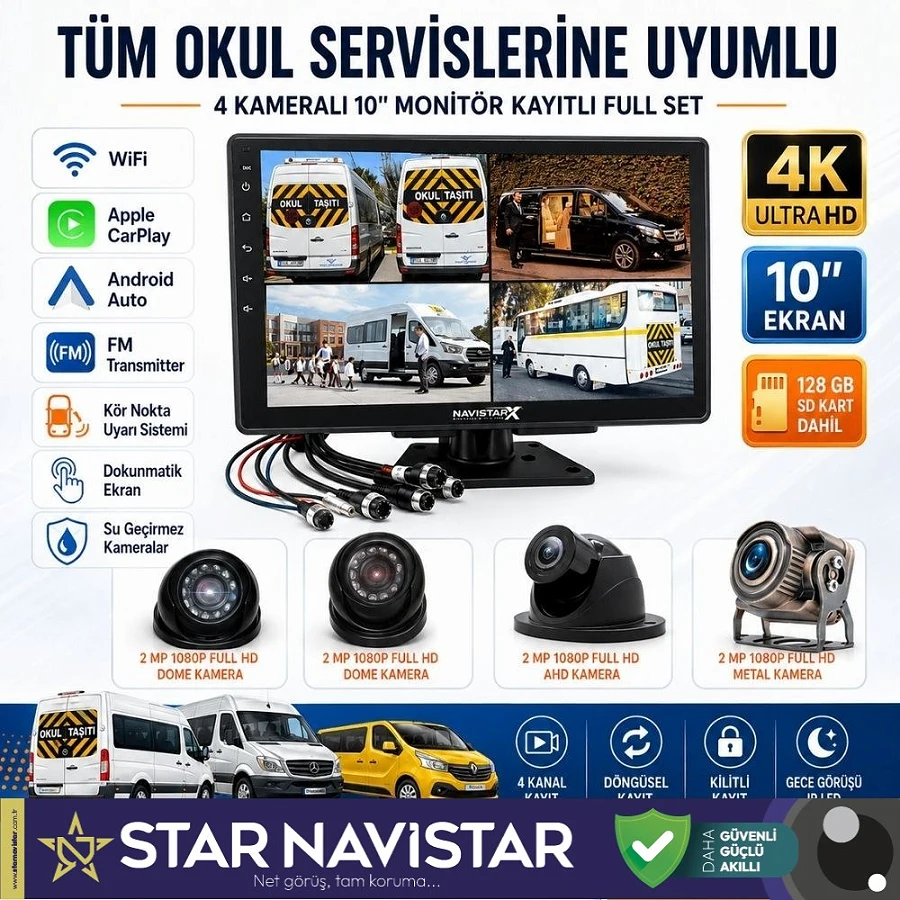 Kayıtlı 4 Kameralı 10 Inç Dokunmatik Ekranlı 128 Gb Sd Dahil Servis Okul Kamera Seti