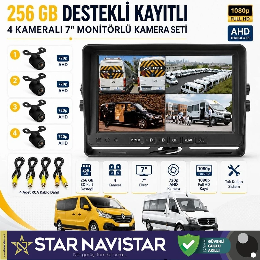 Kayıtlı Ahd Okul Servisler Için 4 Kameralı 7 Inç Monitörlü 720P Araç Kamera Seti