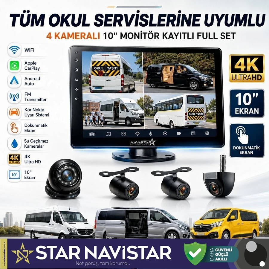 Kayıtlı 4 Kameralı 10 Inç Dokunmatik Monitör 256 Gb Sd Destekli Okul Servis Kamera Seti