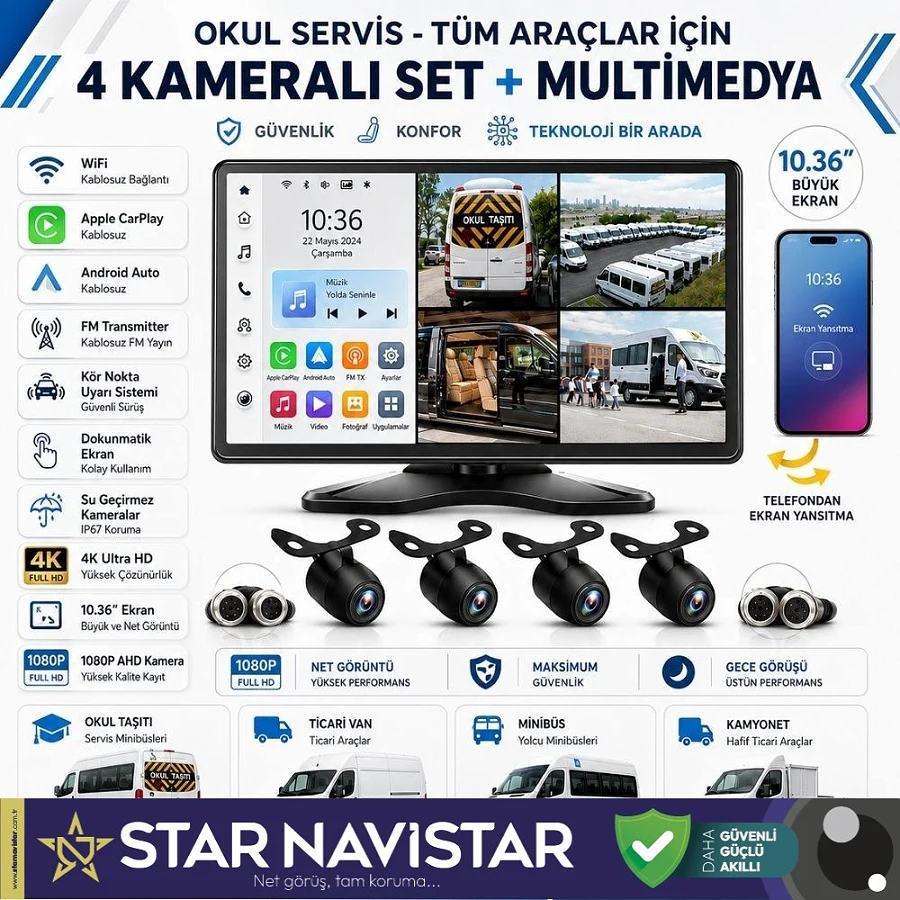 Okul Servisleri Için 10.36" Dokunmatik Ekranlı 4 Kameralı Kayıtlı Video Müzik Telefon Ekran Yansıtma Özellikli Tak Kullan Kamera Seti