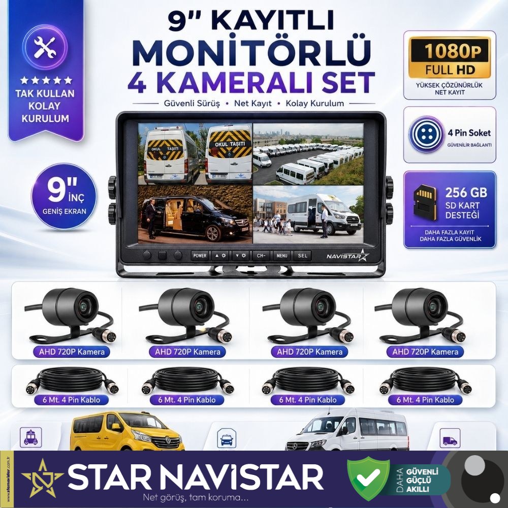 9 Inç Dörde Bölünür Kayıtlı 256Gb Sd Destekli 4 Kameralı 720P Ahd 4 Pin Soketli Tak Kullan Kamera Seti