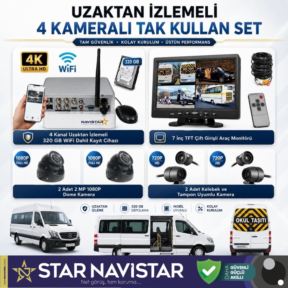 Uzaktan Izlemeli 4 Kameralı Wifi 320 Gb Harddisk 7 Inç Ekranlı Araç Kamera Seti