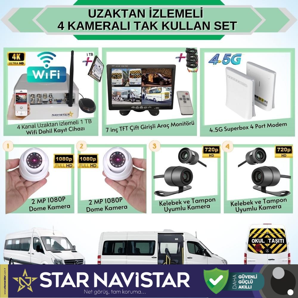 Uzaktan Izlemeli 4 Kameralı Wifi 4G 1 Tb Harddisk 7 Inç Ekranlı Araç Kamera Seti