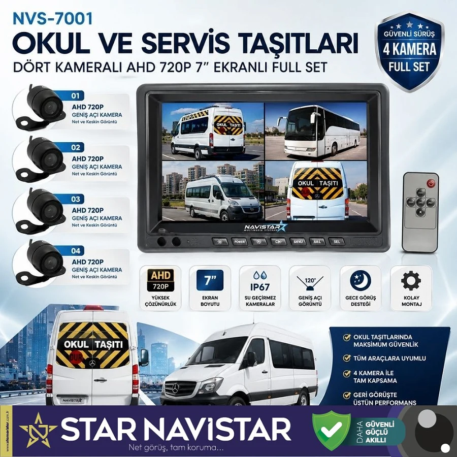 Okul Ve Servis Taşıtları Dört Kameralı AHD 720P 7" Ekranlı 4 Kamera Dahil Full Set