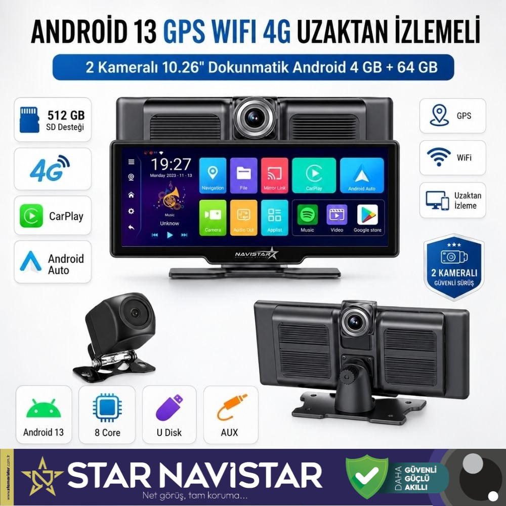 Kayıtlı 2 Kameralı Android 13 WIFI GPS 4G Uzaktan izlemeli 4 GB + 64 GB Carplay 512 GB Destekli Tak Kullan Kamera Seti
