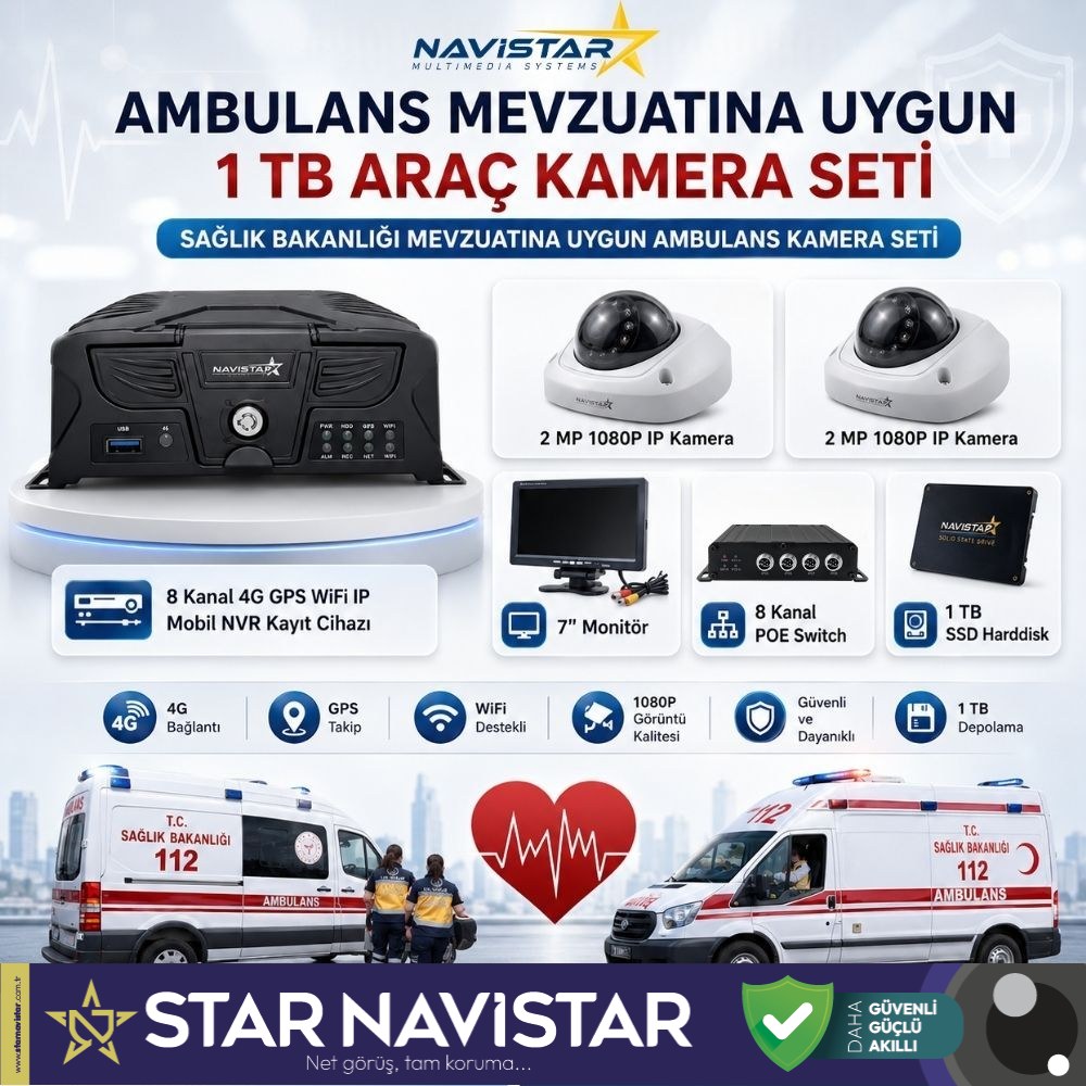 Ambulans Mevzuatına Uygun 2 Kameralı 8 Kanal Mobil NVR 1 TB 7 inç Monitörlü Tak Kullan Set