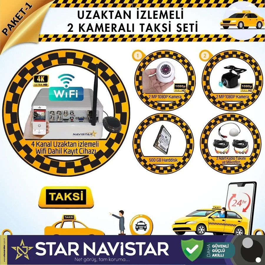 Taksi Kamera Seti 1 Uzaktan Izlemeli 2 Kameralı Wifi 500 Gb Harddisk Dahil