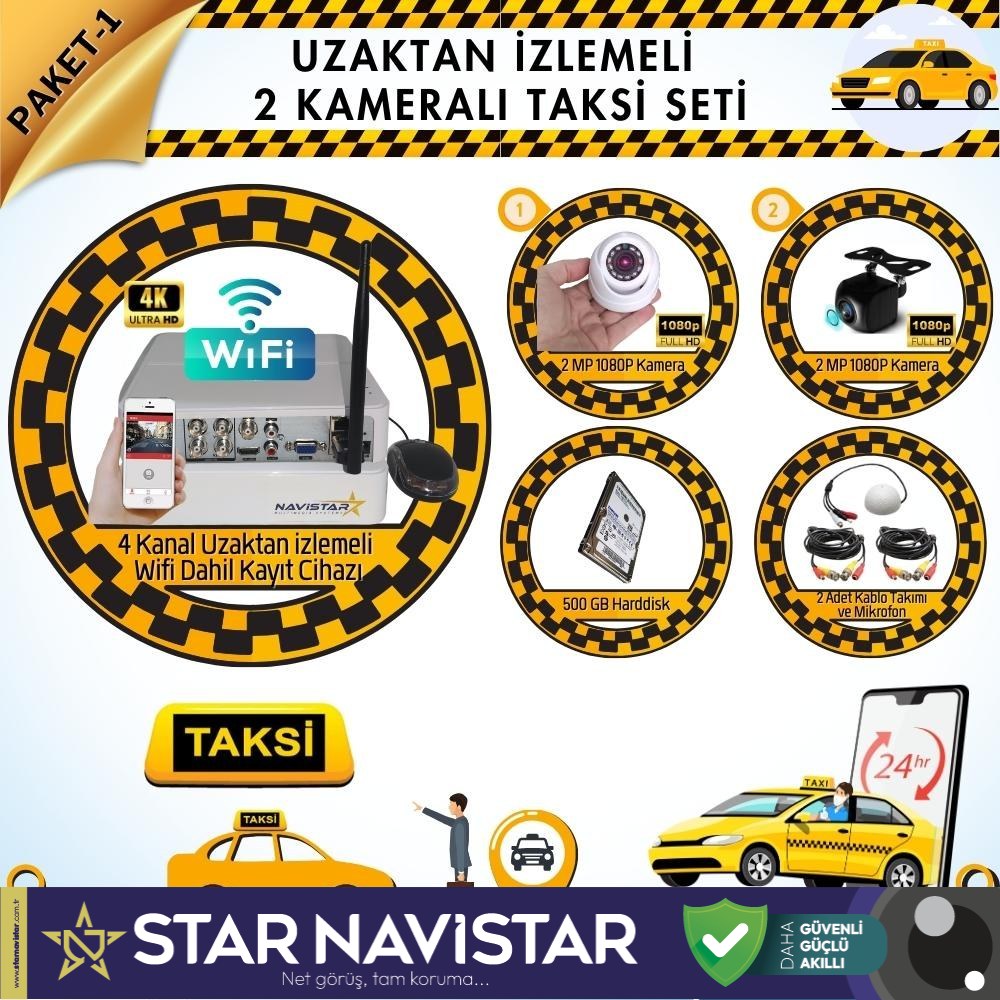 Taksi Kamera Seti 1 Uzaktan Izlemeli 2 Kameralı Wifi 500 Gb Harddisk Dahil