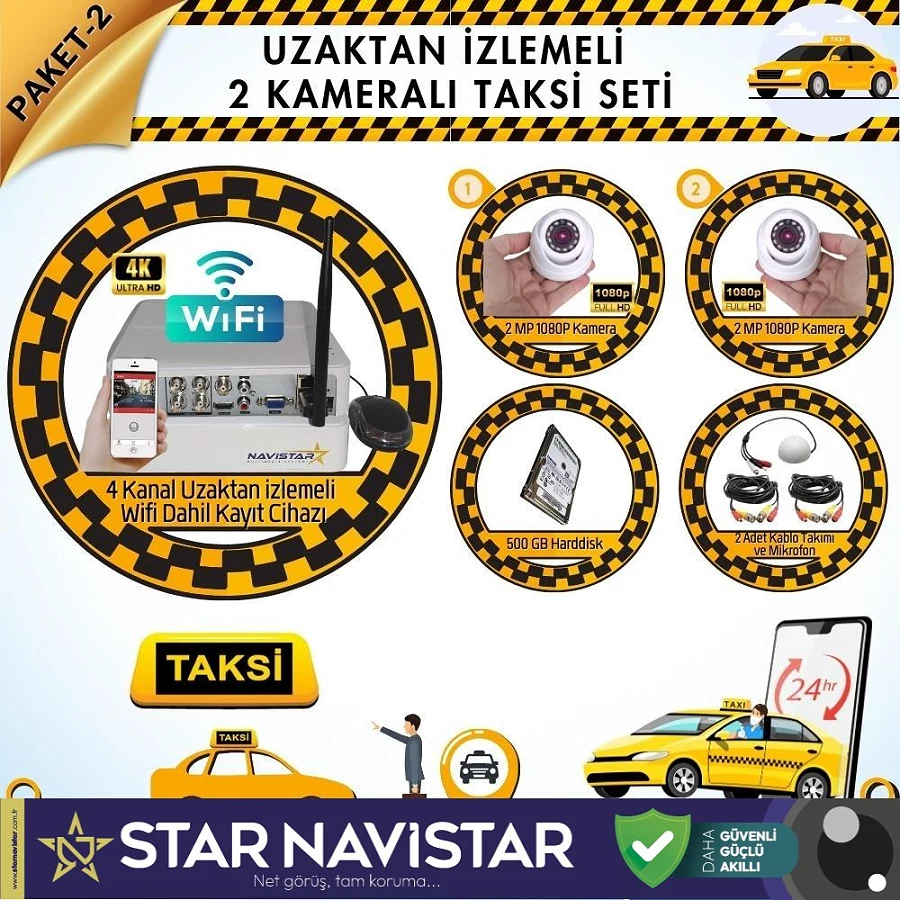 Taksi Kamera Seti 2 Uzaktan Izlemeli 2 Dome Kameralı Wifi 500 Gb Harddisk Dahil