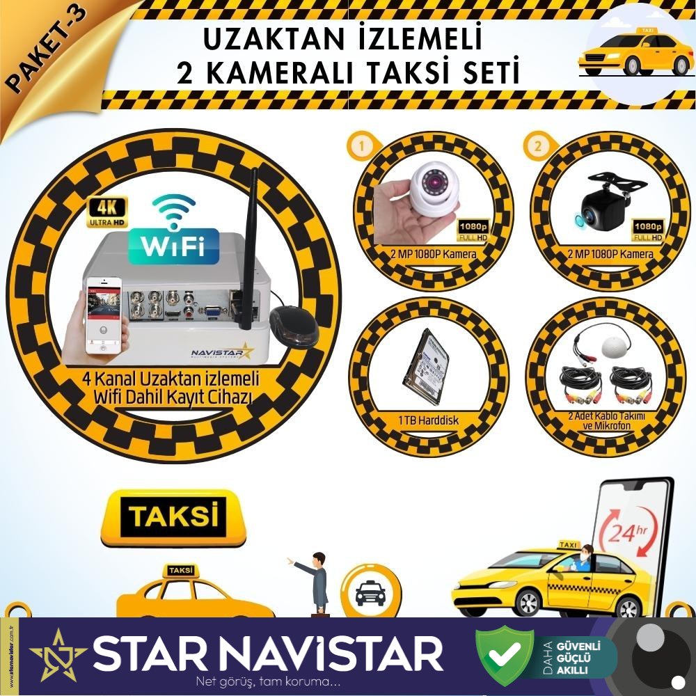 Taksi Kamera Seti 3 Uzaktan Izlemeli 2 Kameralı Wifi 1 Tb Harddisk Dahil