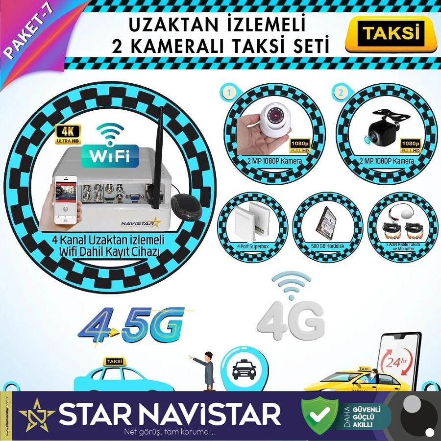 Taksi Kamera Seti 7 Uzaktan Izlemeli 2 Kameralı Wifi 4G 500 Gb Harddisk Dahil