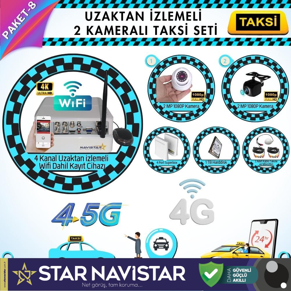 Taksi Kamera Seti 8 Uzaktan Izlemeli 2 Kameralı Wifi 4G 1 Tb Harddisk Dahil