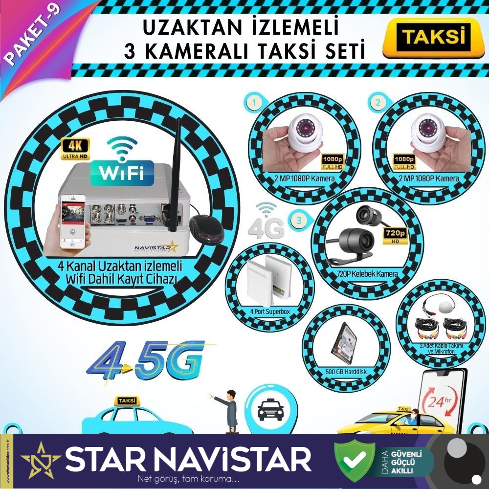 Taksi Kamera Seti 9 Uzaktan Izlemeli 3 Kameralı Wifi 4G 500 Gb Harddisk Dahil