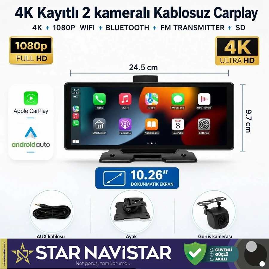 Dokunmatik 10.26 inç 4K+1080P Çift Kameralı Kablosuz Carplay Wifi Bluetooth Set