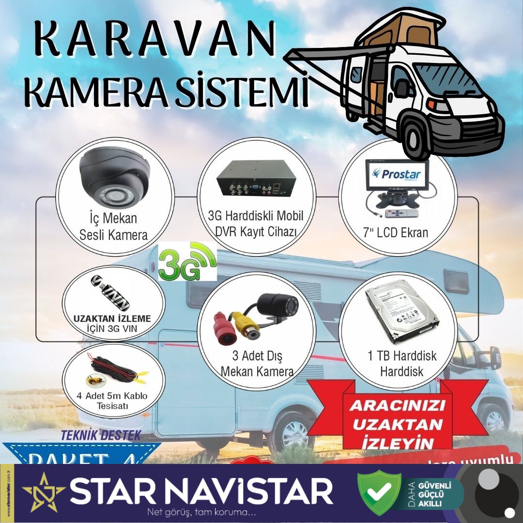 Uzaktan Takipli Karavan Kamera Sistemi Seti Kayıtlı Harddiskli 1 Tb Dahil 4 Kameralı Ekranlı