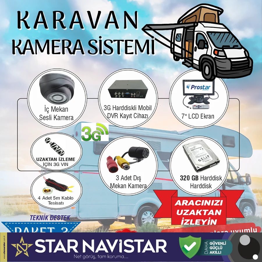 Uzaktan Takipli Karavan Kamera Sistemi Seti Kayıtlı Harddiskli 320 Gb Dahil 4 Kameralı Ekranlı