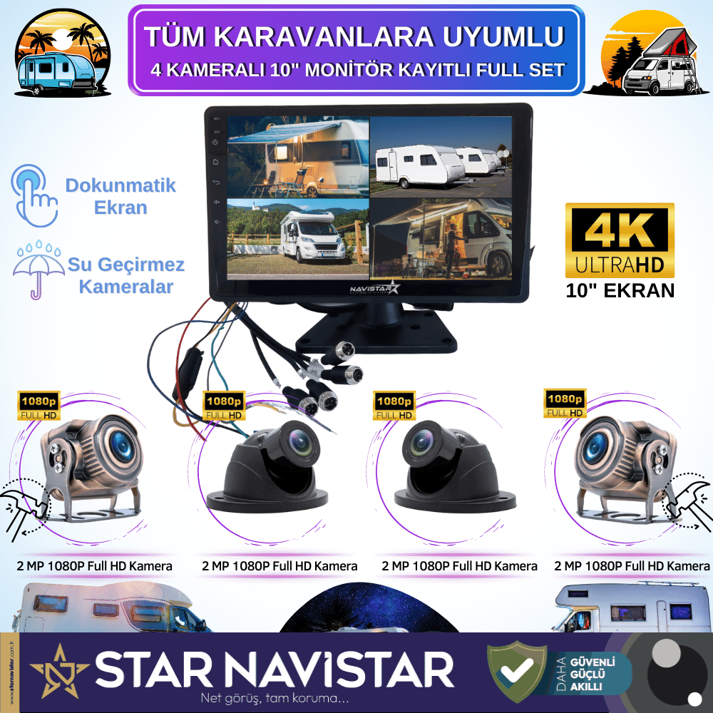 Karavan Kamera Seti 4 Kameralı 10 Inç Dokunmatik Ekranlı 256 Gb Sd Destekli Tak Kullan