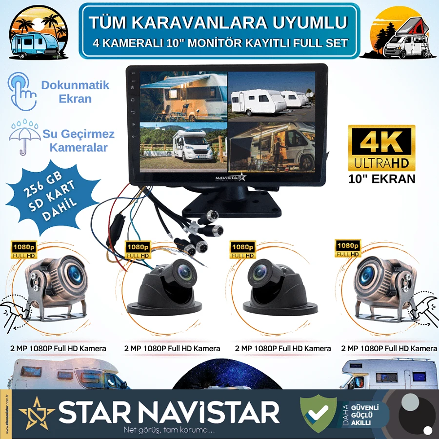 256 Gb Sd Dahil Karavan Kamera Seti 4 Kameralı 10 Inç Dokunmatik Ekranlı Tak Kullan