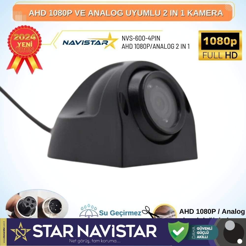 AHD 1080P ve Analog Pal Çevirilebilir 4 Pin Gece Görüşlü Yan, Ön ve Arka Uyumlu Full HD Kamera