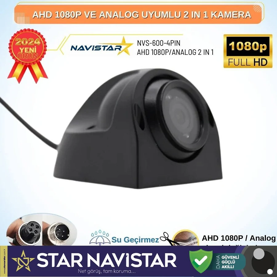 AHD 1080P ve Analog Pal Çevirilebilir 4 Pin Gece Görüşlü Yan, Ön ve Arka Uyumlu Full HD Kamera