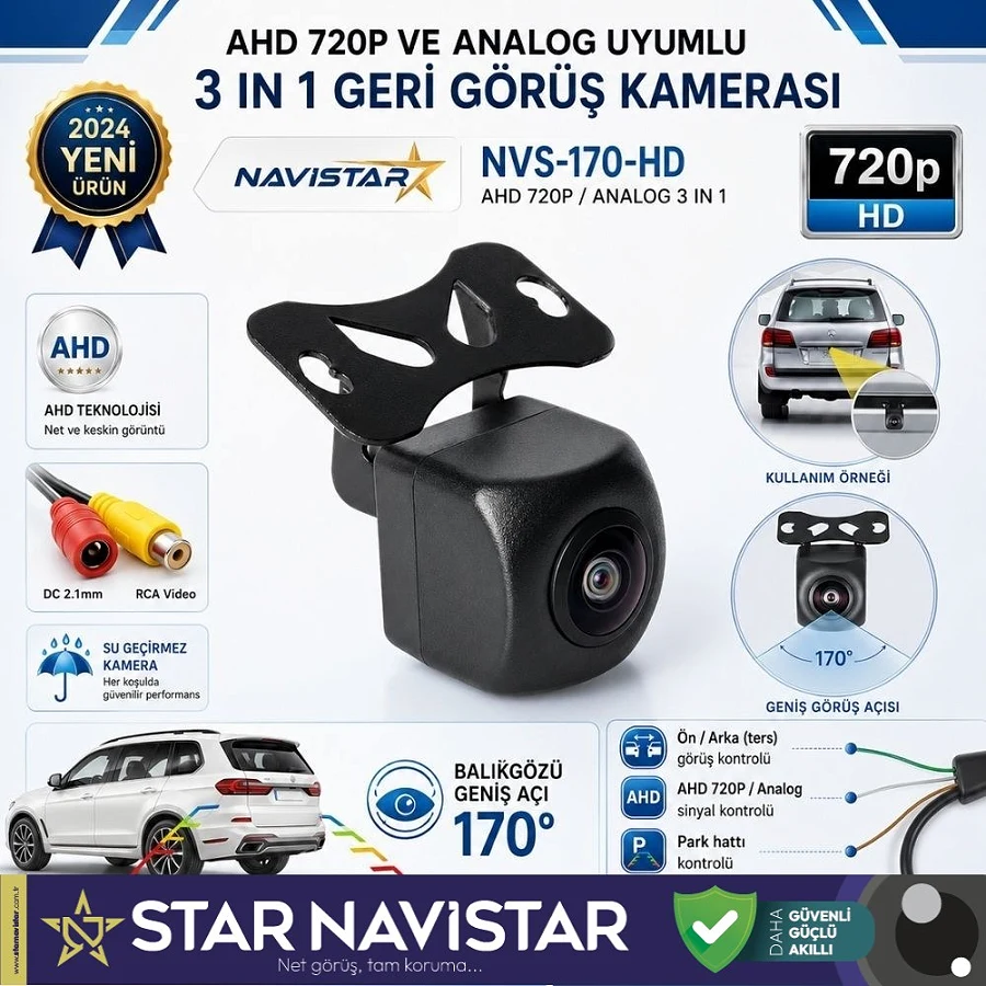 Balıkgözü AHD 720P ve Analog Çevirilebilir 170 Derece Geniş Açılı Geri Görüş Kamerası