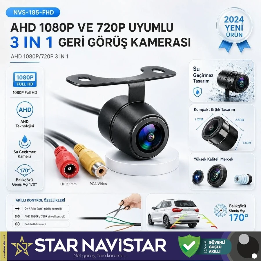 Balıkgözü Kelebek AHD 1080P ve 720P Çevrilebilir 170 Derece Geniş Açılı Geri Görüş Kamerası