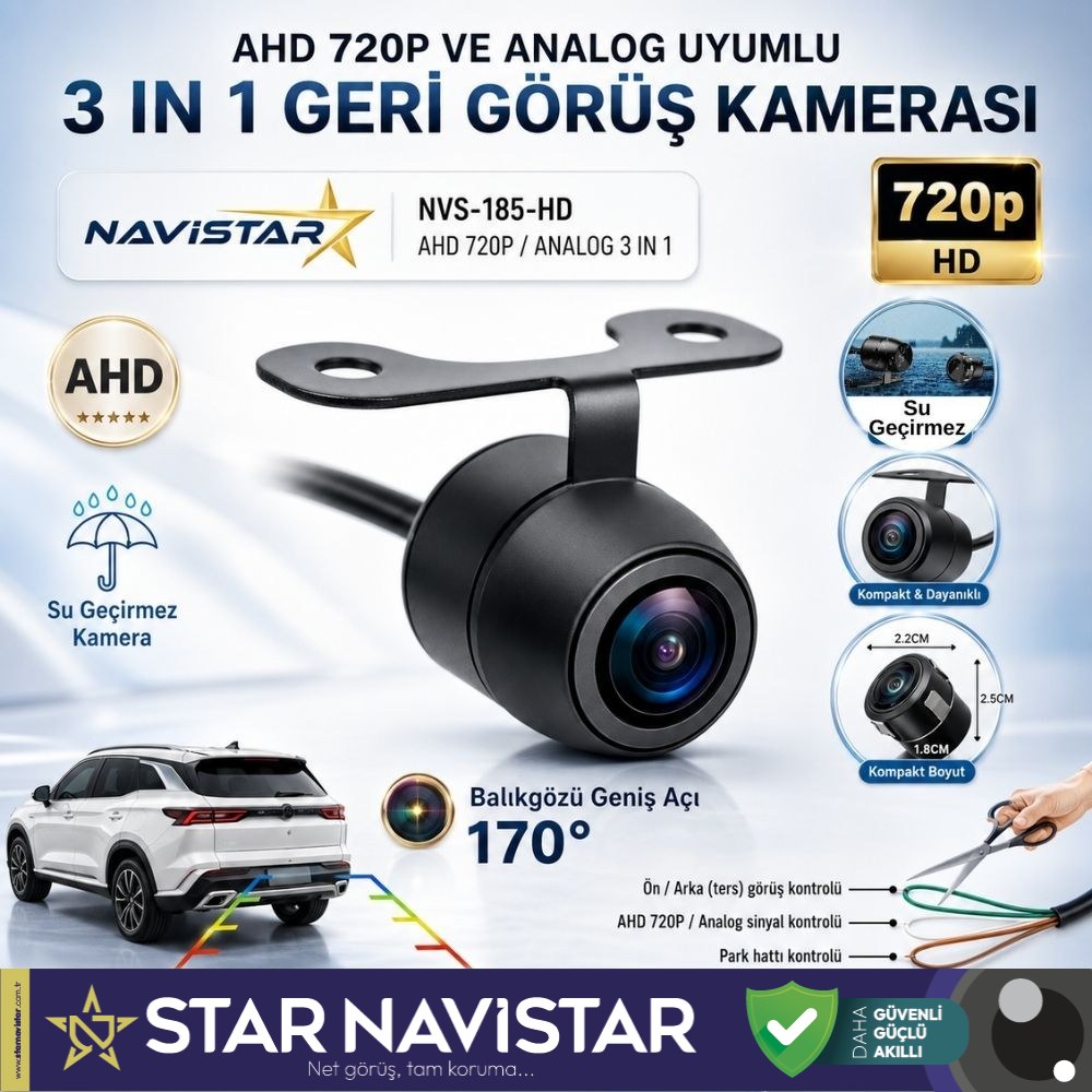 Balıkgözü Kelebek AHD 720P ve Analog Çevrilebilir 170 Derece Geniş Açılı Geri Görüş Kamerası
