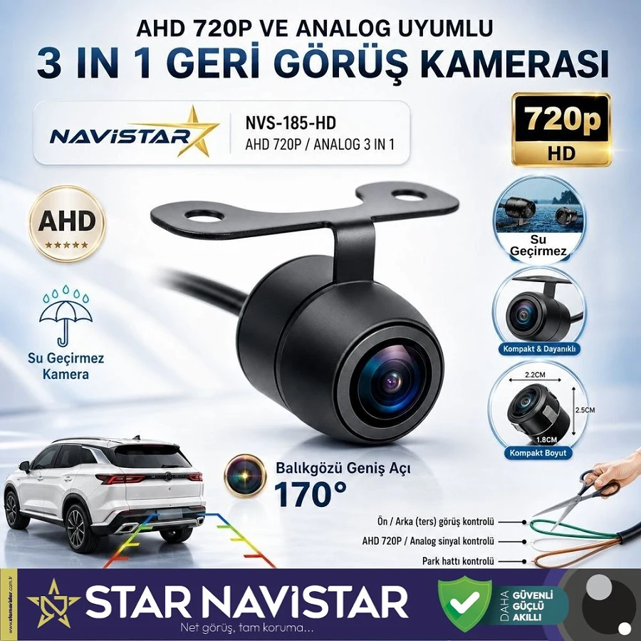 Balıkgözü Kelebek AHD 720P ve Analog Çevrilebilir 170 Derece Geniş Açılı Geri Görüş Kamerası