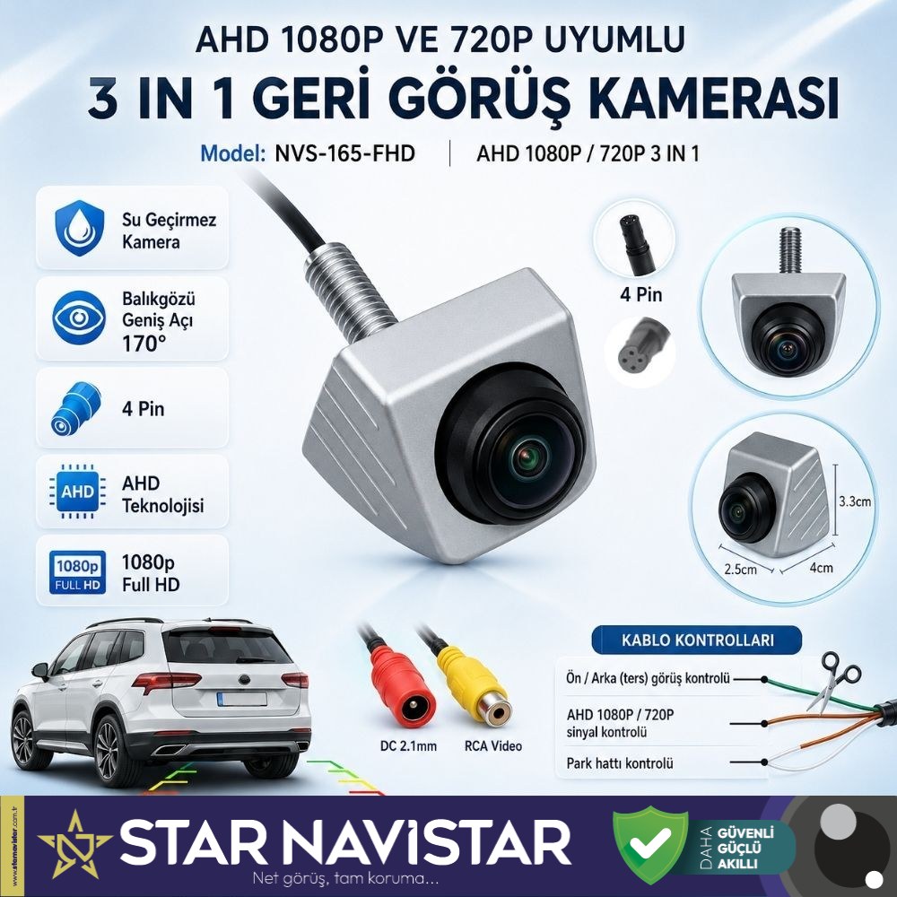 Ayarlanabilir Başlıklı AHD 1080P ve 720P Çevrilebilir 170 Derece Geniş Açılı Geri Görüş Kamerası